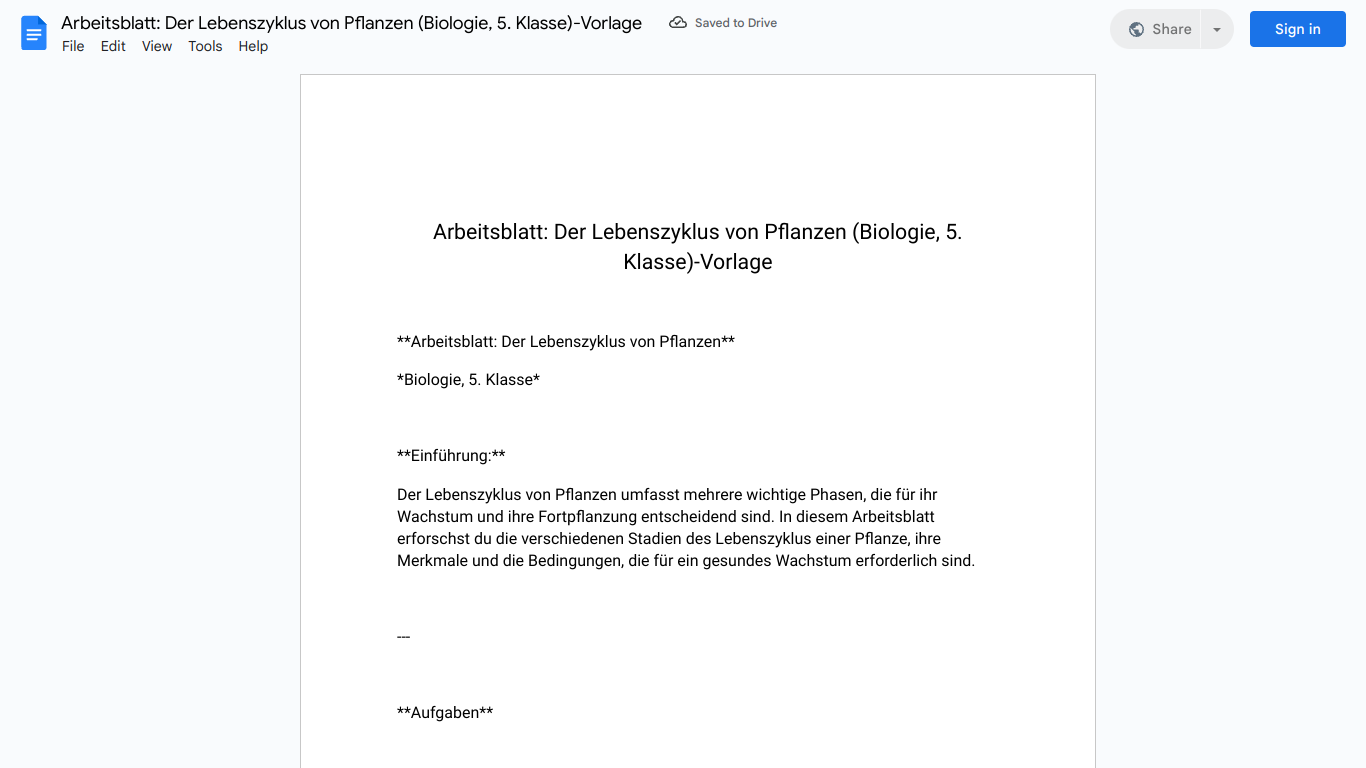 Arbeitsblatt: Der Lebenszyklus von Pflanzen (Biologie, 5. Klasse)-Vorlage