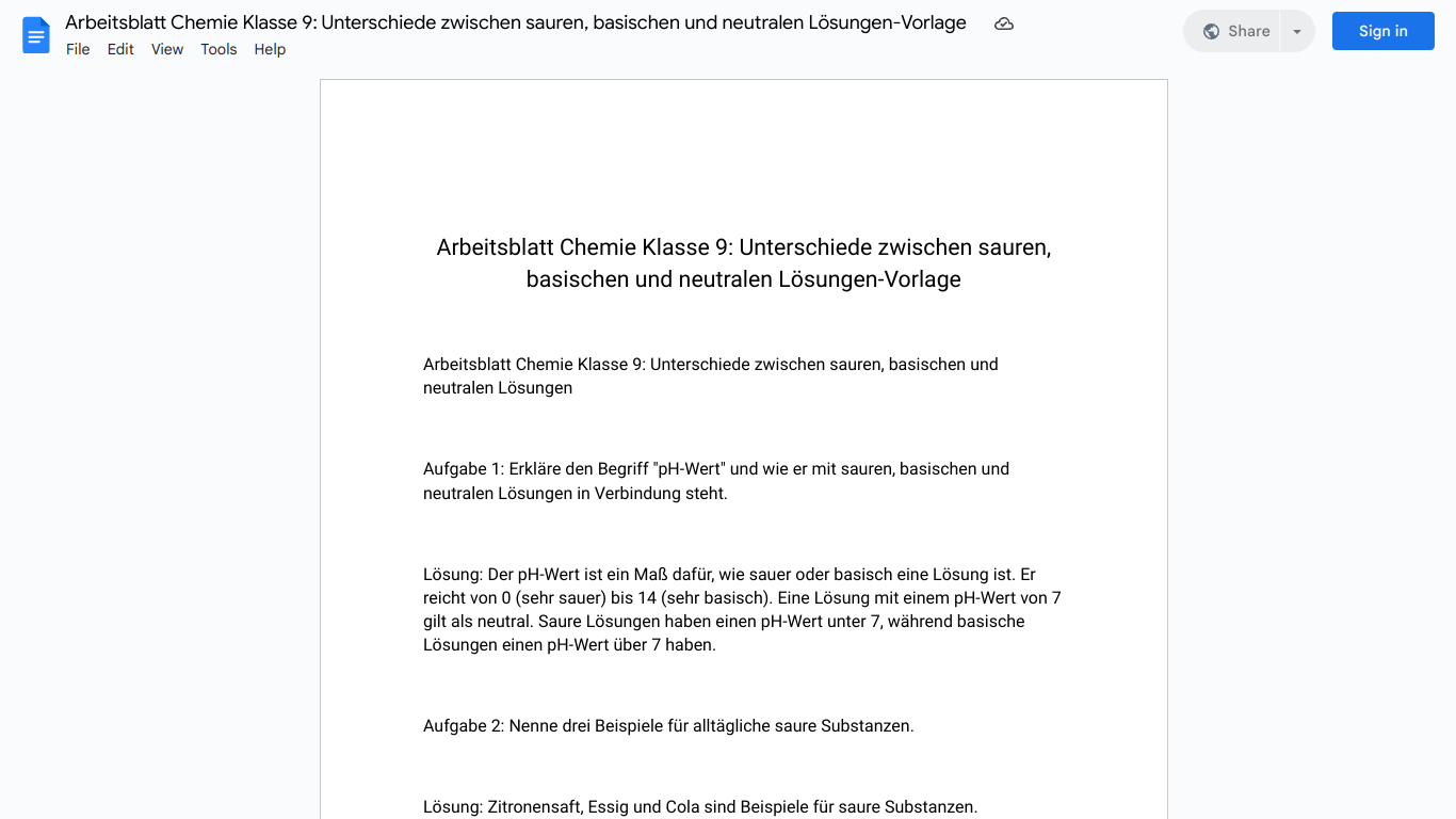 Arbeitsblatt Chemie Klasse 9: Unterschiede zwischen sauren, basischen und neutralen Lösungen-Vorlage