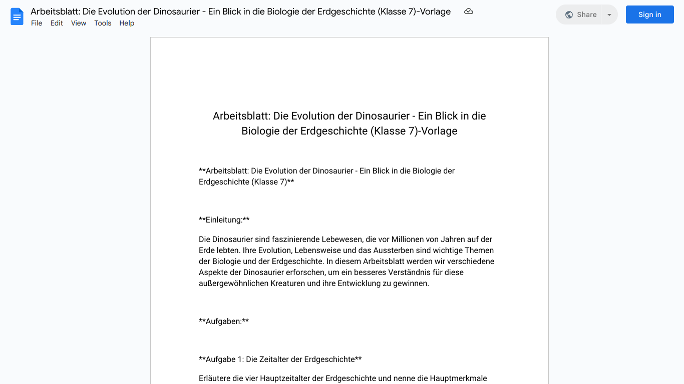 Arbeitsblatt: Die Evolution der Dinosaurier - Ein Blick in die Biologie der Erdgeschichte (Klasse 7)-Vorlage