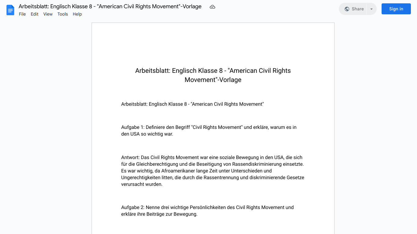 Arbeitsblatt: Englisch Klasse 8 - "American Civil Rights Movement"-Vorlage