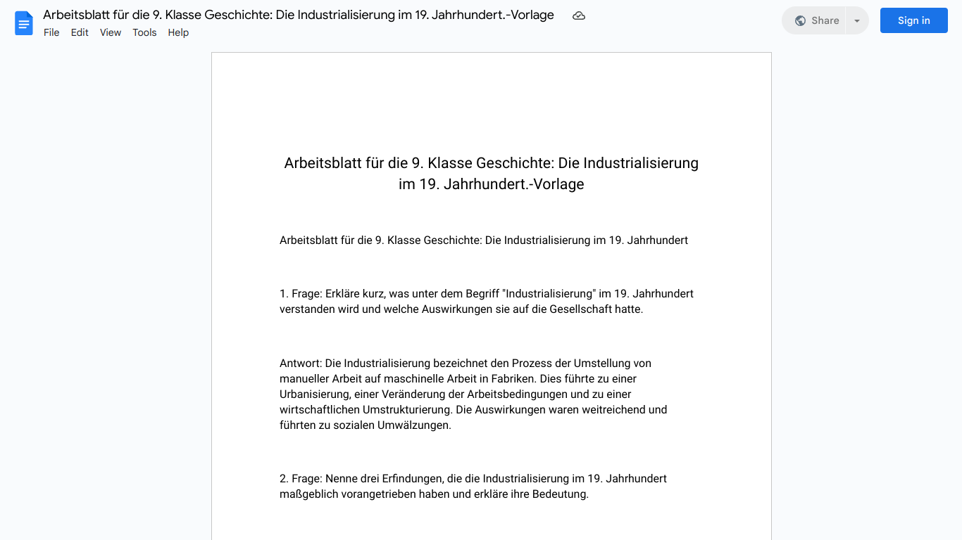 Arbeitsblatt für die 9. Klasse Geschichte: Die Industrialisierung im 19. Jahrhundert.-Vorlage