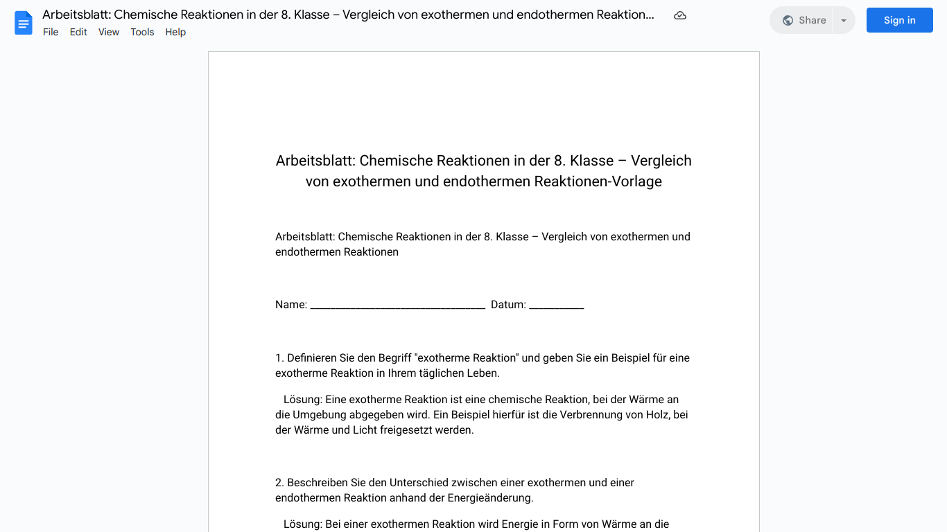 Arbeitsblatt: Chemische Reaktionen in der 8. Klasse – Vergleich von exothermen und endothermen Reaktionen-Vorlage