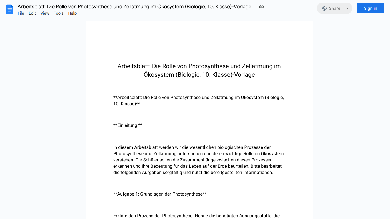 Arbeitsblatt: Die Rolle von Photosynthese und Zellatmung im Ökosystem (Biologie, 10. Klasse)-Vorlage