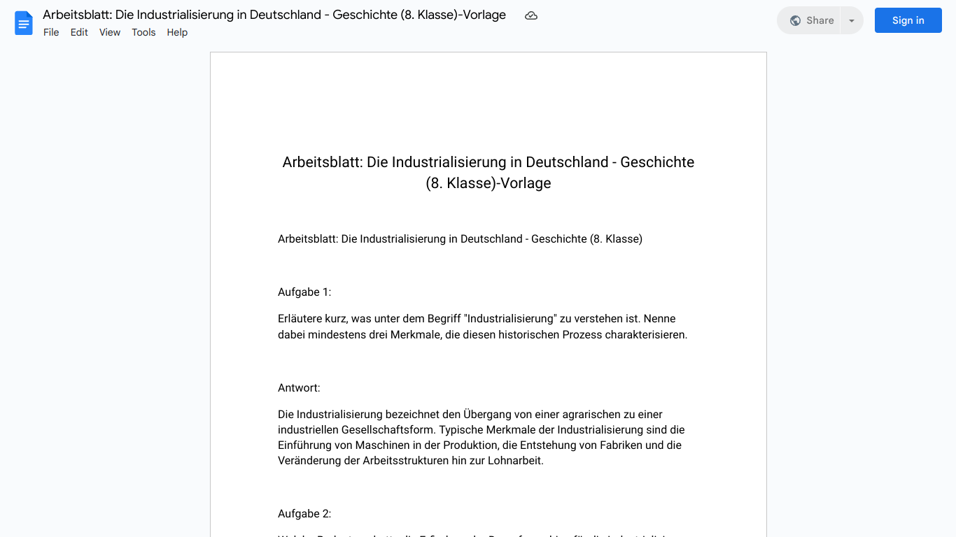 Arbeitsblatt: Die Industrialisierung in Deutschland - Geschichte (8. Klasse)-Vorlage