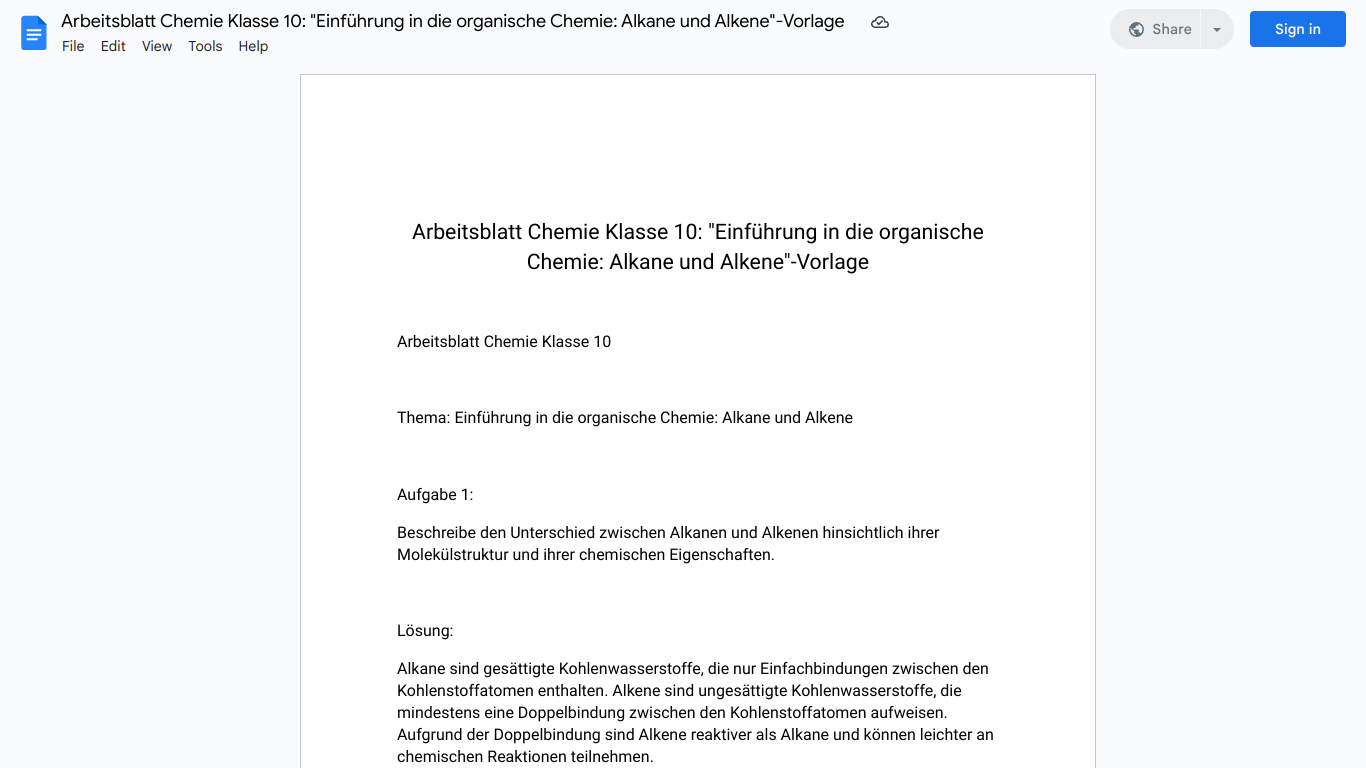 Arbeitsblatt Chemie Klasse 10: "Einführung in die organische Chemie: Alkane und Alkene"-Vorlage