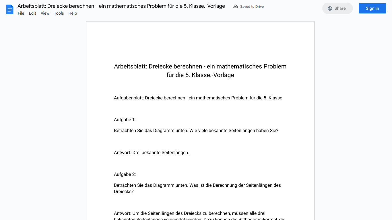 Arbeitsblatt: Dreiecke berechnen - ein mathematisches Problem für die 5. Klasse.-Vorlage