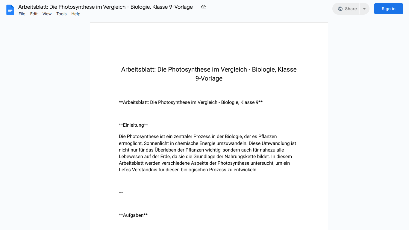 Arbeitsblatt: Die Photosynthese im Vergleich - Biologie, Klasse 9-Vorlage