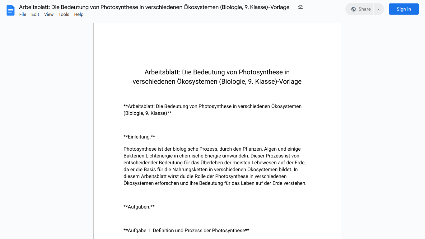 Arbeitsblatt: Die Bedeutung von Photosynthese in verschiedenen Ökosystemen (Biologie, 9. Klasse)-Vorlage