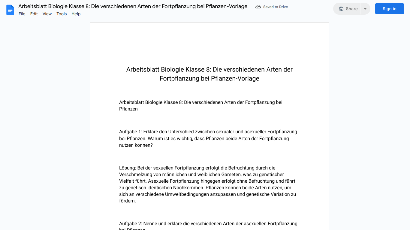 Arbeitsblatt Biologie Klasse 8: Die verschiedenen Arten der Fortpflanzung bei Pflanzen-Vorlage