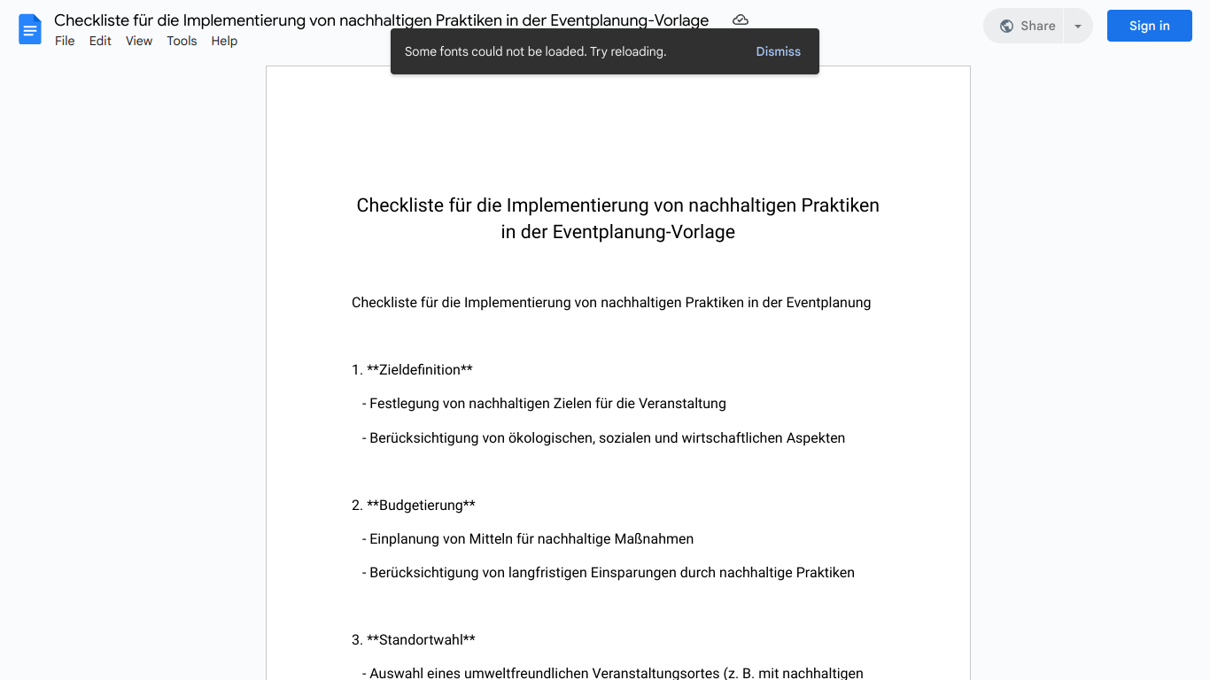 Checkliste für die Implementierung von nachhaltigen Praktiken in der Eventplanung-Vorlage