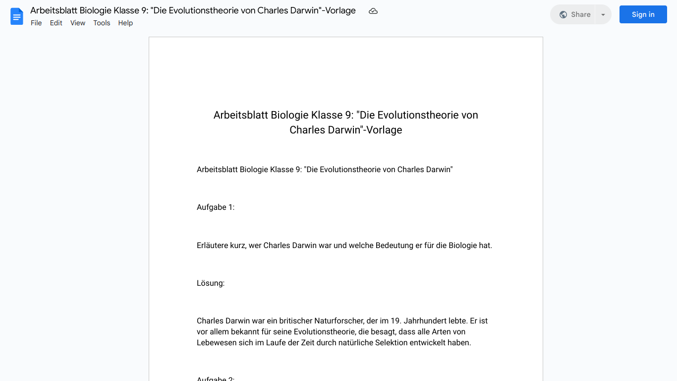 Arbeitsblatt Biologie Klasse 9: "Die Evolutionstheorie von Charles Darwin"-Vorlage