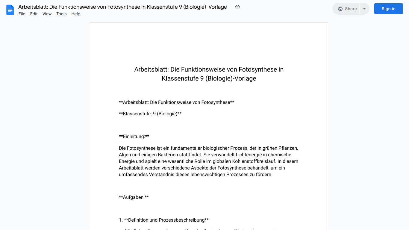 Arbeitsblatt: Die Funktionsweise von Fotosynthese in Klassenstufe 9 (Biologie)-Vorlage