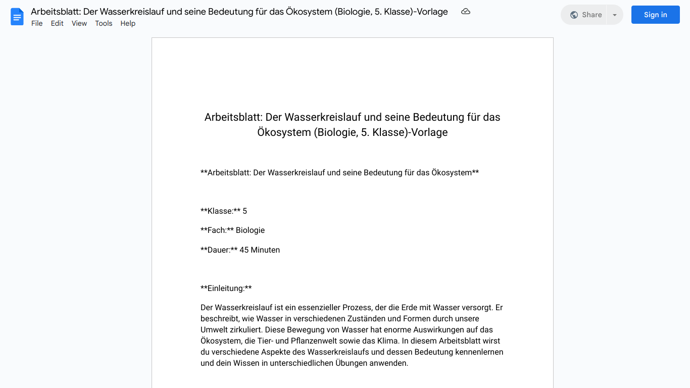 Arbeitsblatt: Der Wasserkreislauf und seine Bedeutung für das Ökosystem (Biologie, 5. Klasse)-Vorlage