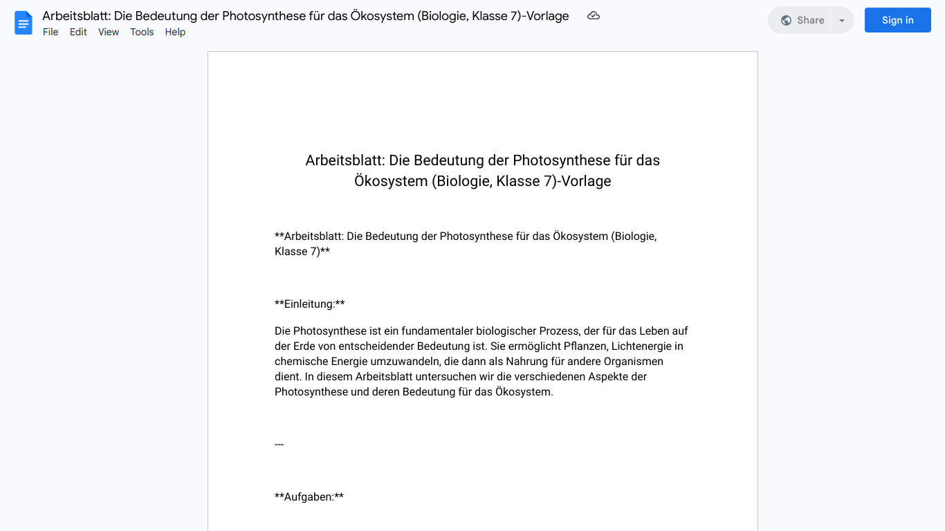 Arbeitsblatt: Die Bedeutung der Photosynthese für das Ökosystem (Biologie, Klasse 7)-Vorlage