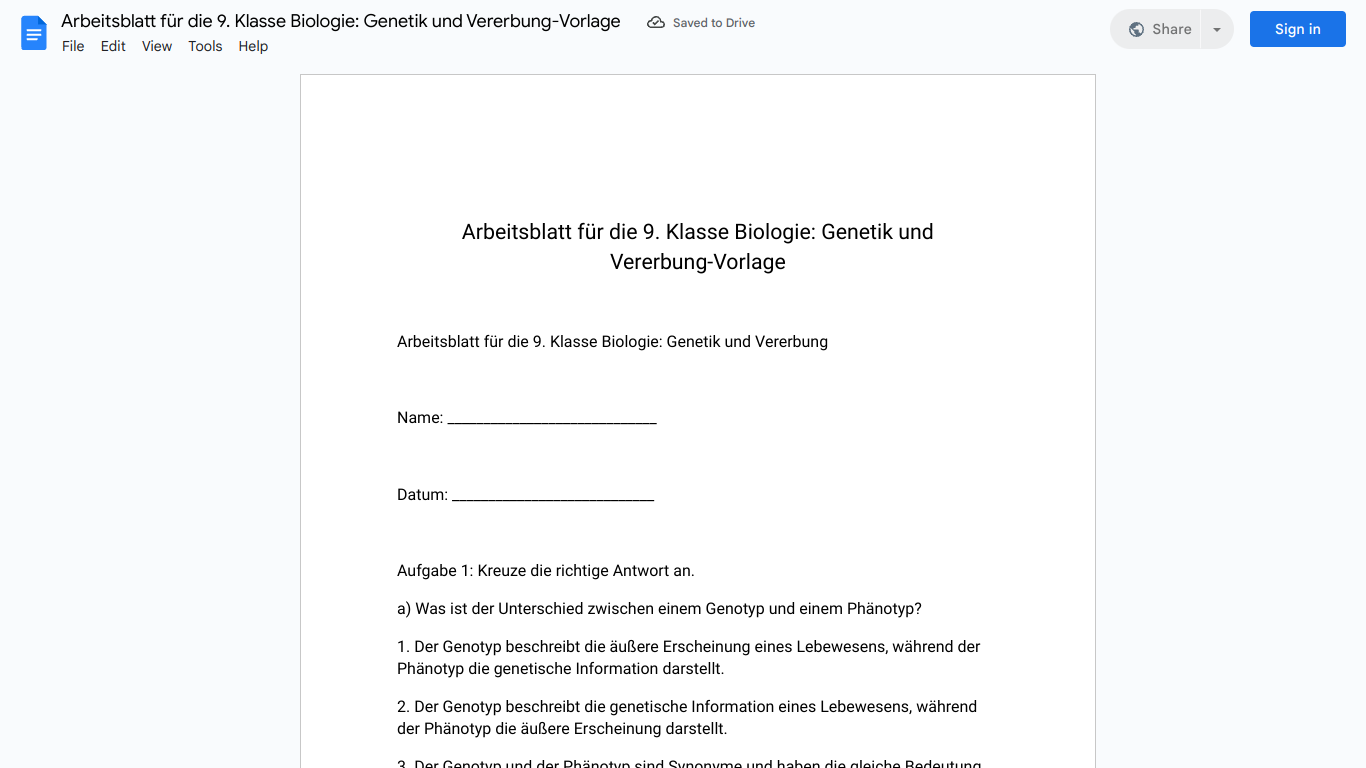 Arbeitsblatt für die 9. Klasse Biologie: Genetik und Vererbung-Vorlage