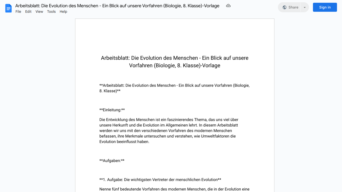 Arbeitsblatt: Die Evolution des Menschen - Ein Blick auf unsere Vorfahren (Biologie, 8. Klasse)-Vorlage