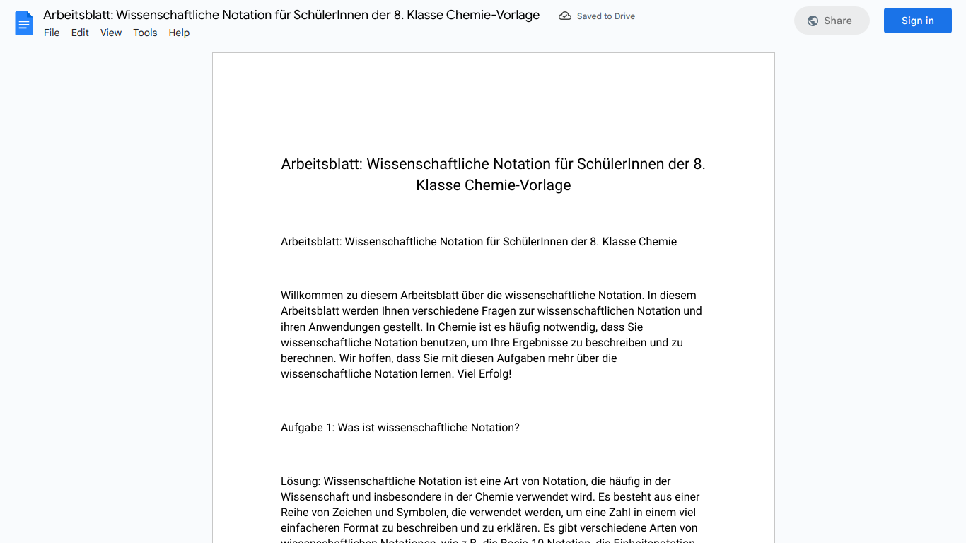 Arbeitsblatt: Wissenschaftliche Notation für SchülerInnen der 8. Klasse Chemie-Vorlage