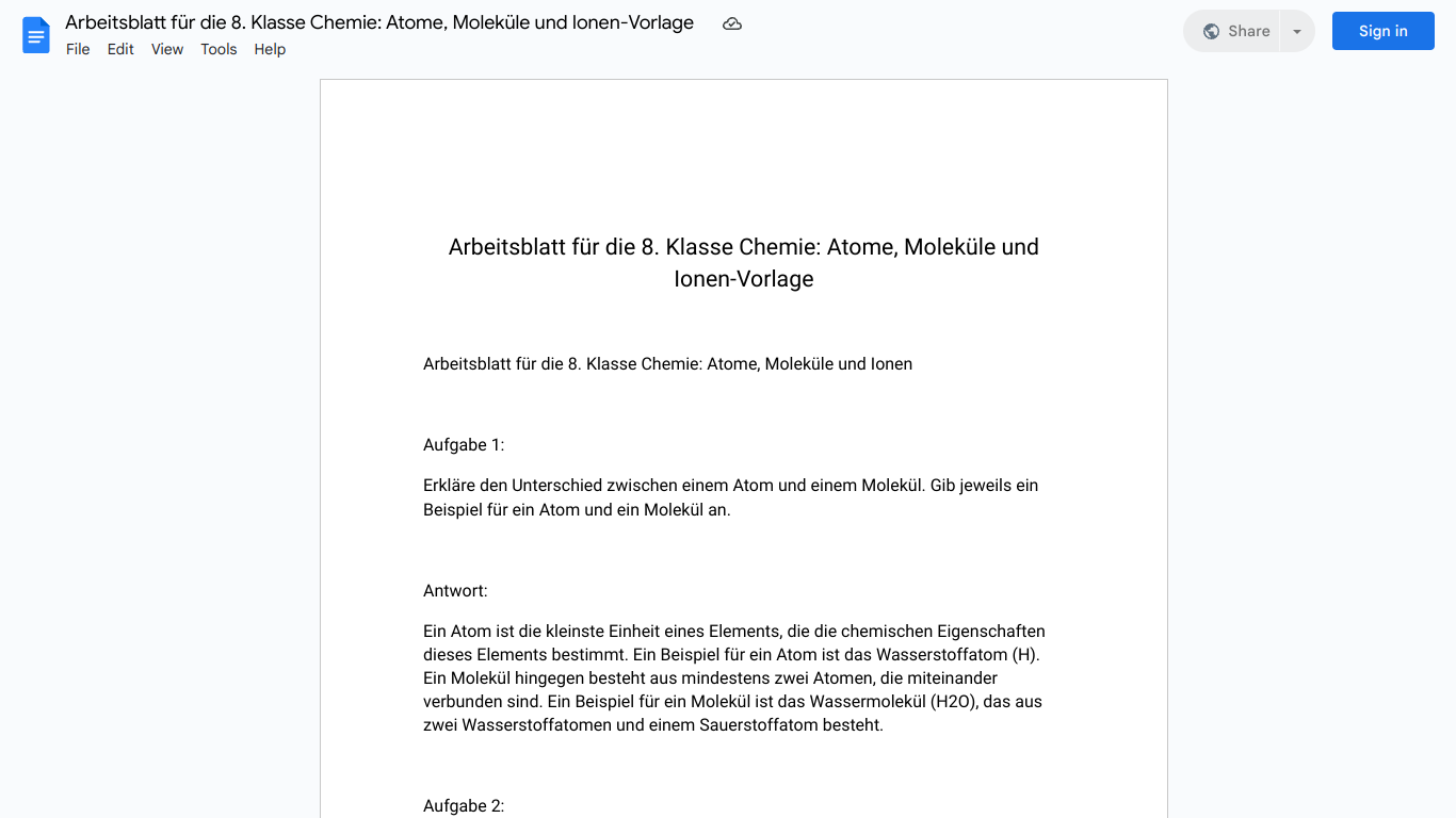 Arbeitsblatt für die 8. Klasse Chemie: Atome, Moleküle und Ionen-Vorlage