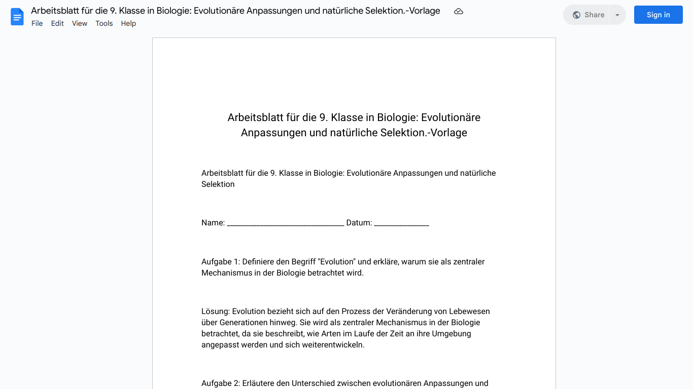 Arbeitsblatt für die 9. Klasse in Biologie: Evolutionäre Anpassungen und natürliche Selektion.-Vorlage