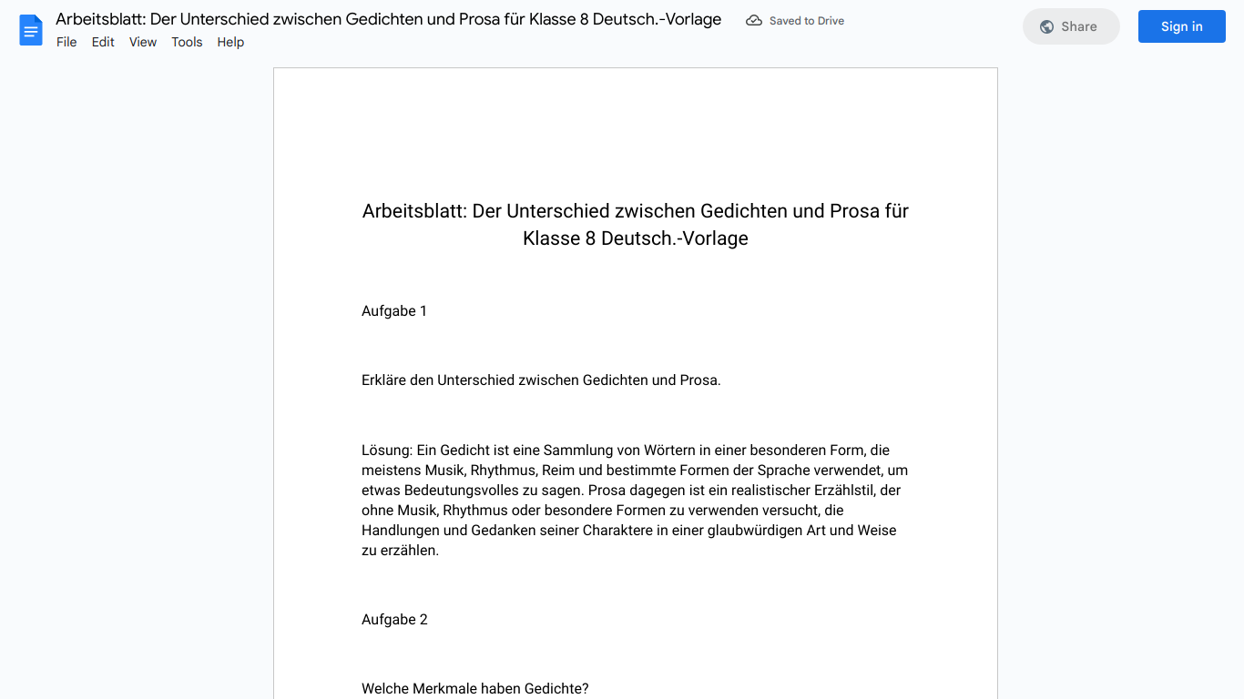 Arbeitsblatt: Der Unterschied zwischen Gedichten und Prosa für Klasse 8 Deutsch.-Vorlage