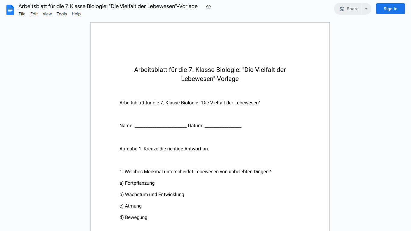 Arbeitsblatt für die 7. Klasse Biologie: "Die Vielfalt der Lebewesen"-Vorlage