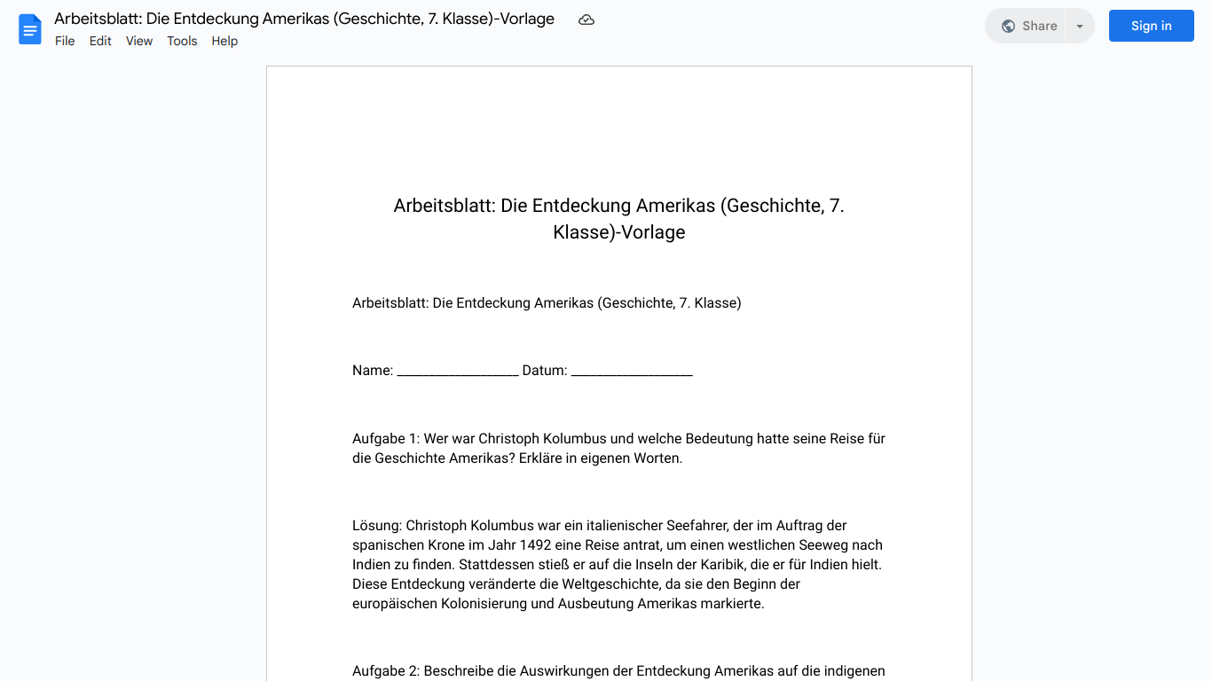 Arbeitsblatt: Die Entdeckung Amerikas (Geschichte, 7. Klasse)-Vorlage