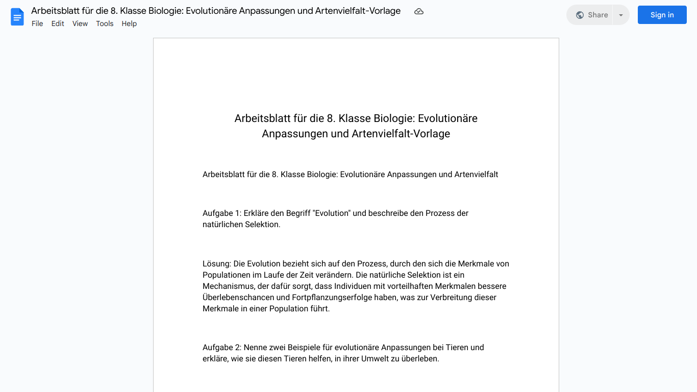 Arbeitsblatt für die 8. Klasse Biologie: Evolutionäre Anpassungen und Artenvielfalt-Vorlage