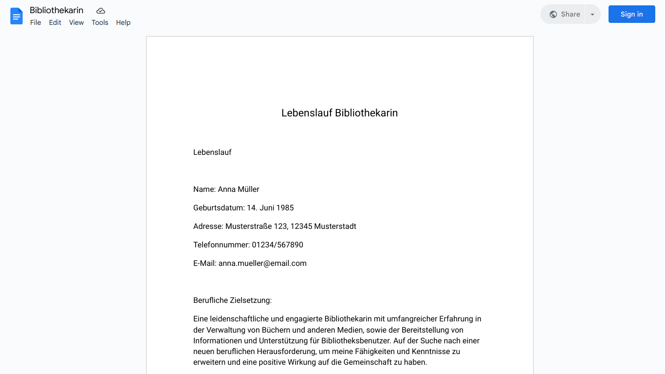 Lebenslauf-Bibliothekarin