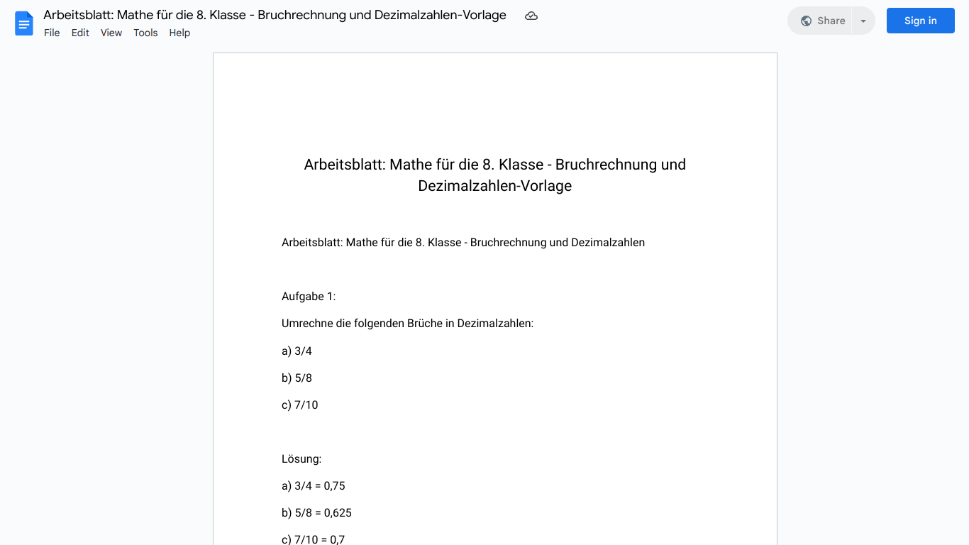 Arbeitsblatt: Mathe für die 8. Klasse - Bruchrechnung und Dezimalzahlen-Vorlage