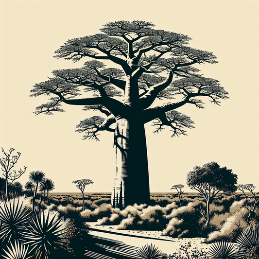 Pflanze: Baobab
Überschrift: "Der gigantische Lebensspender der Savanne"