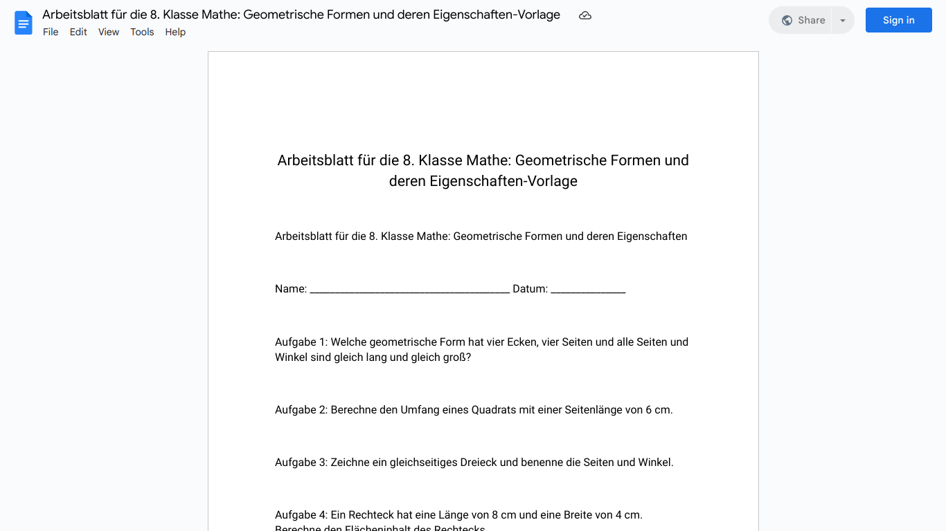 Arbeitsblatt für die 8. Klasse Mathe: Geometrische Formen und deren Eigenschaften-Vorlage