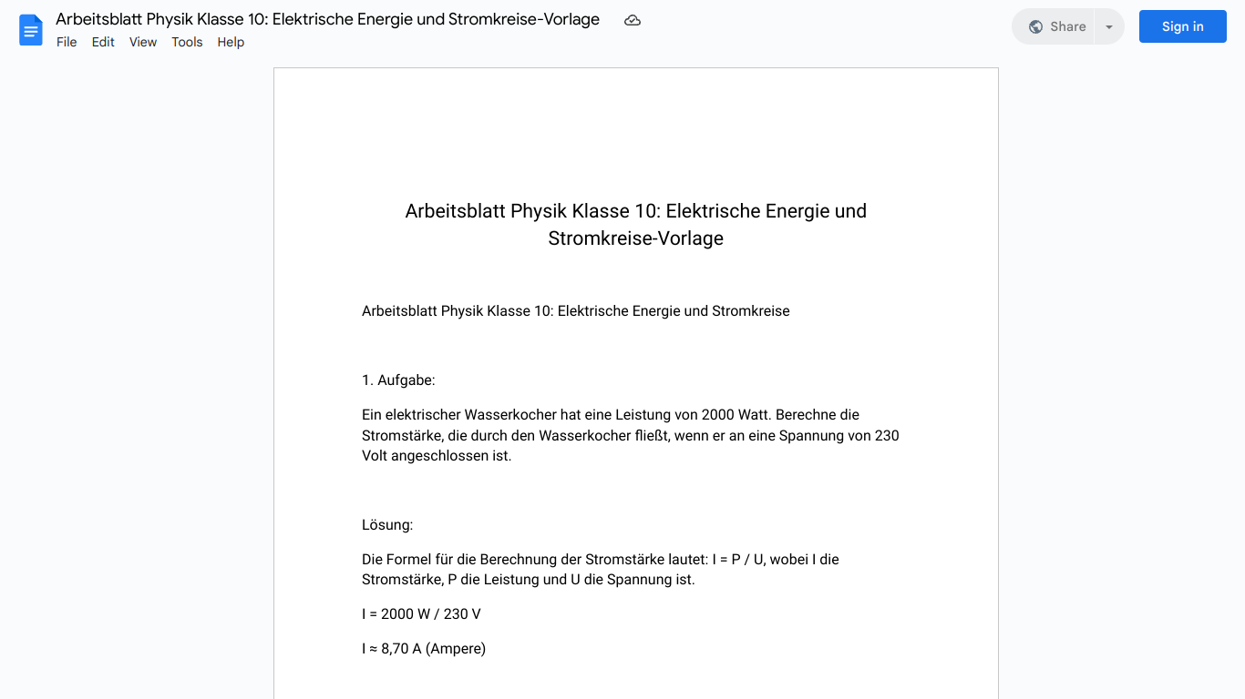 Arbeitsblatt Physik Klasse 10: Elektrische Energie und Stromkreise-Vorlage