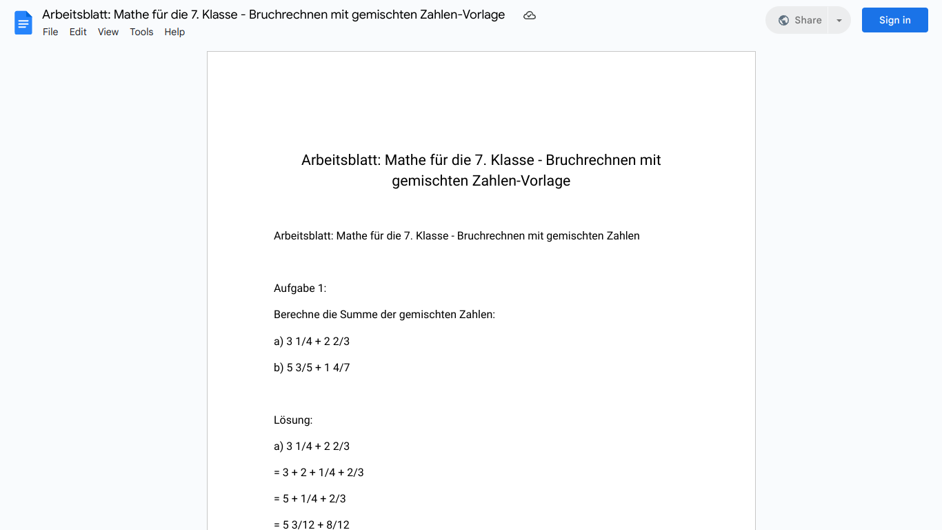 Arbeitsblatt: Mathe für die 7. Klasse - Bruchrechnen mit gemischten Zahlen-Vorlage