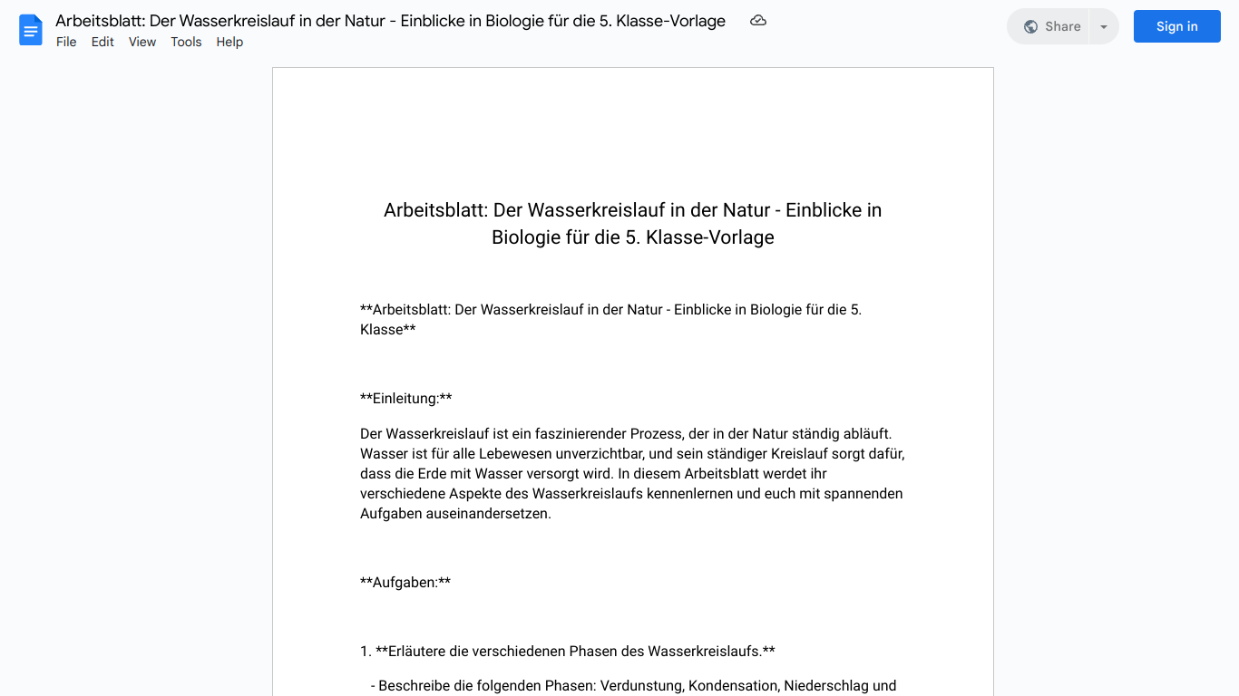 Arbeitsblatt: Der Wasserkreislauf in der Natur - Einblicke in Biologie für die 5. Klasse-Vorlage