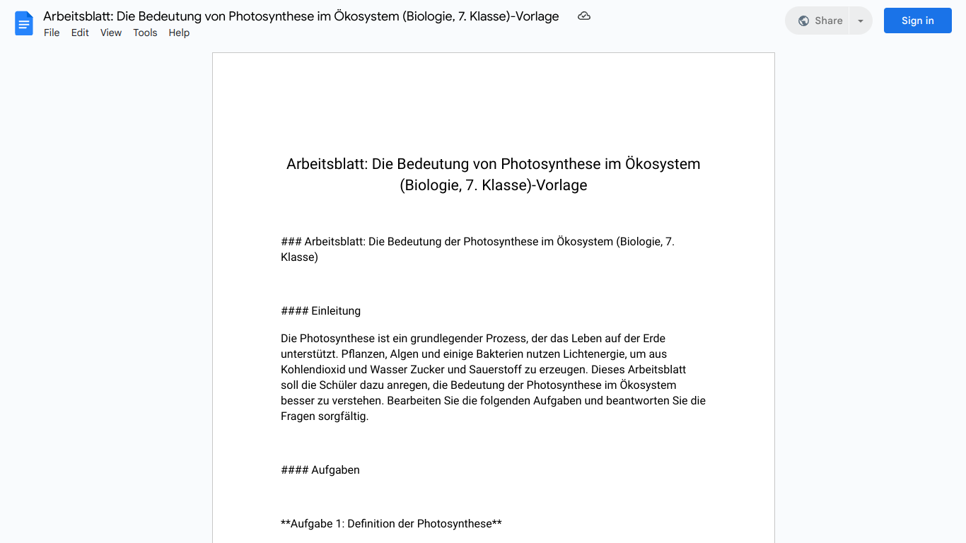 Arbeitsblatt: Die Bedeutung von Photosynthese im Ökosystem (Biologie, 7. Klasse)-Vorlage