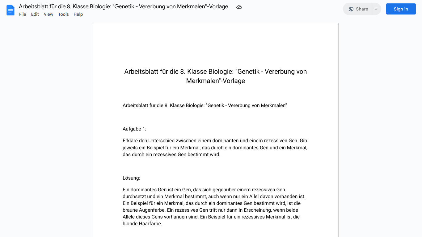 Arbeitsblatt für die 8. Klasse Biologie: "Genetik - Vererbung von Merkmalen"-Vorlage