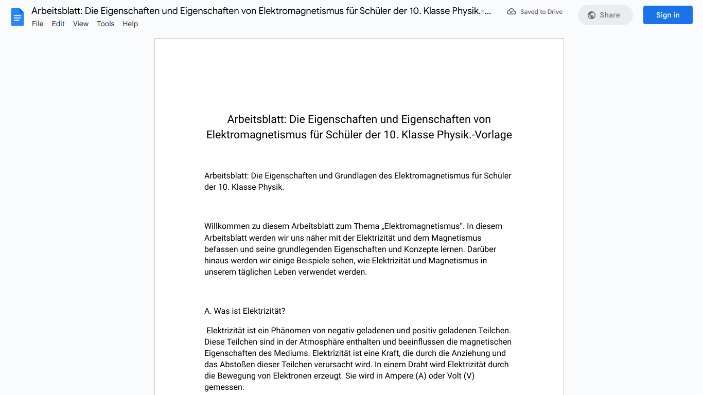 Arbeitsblatt: Die Eigenschaften und Eigenschaften von Elektromagnetismus für Schüler der 10. Klasse Physik.-Vorlage