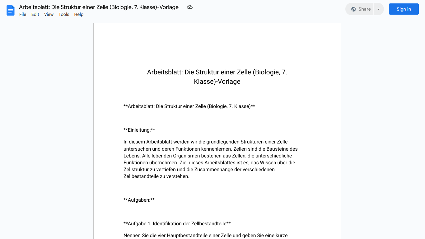 Arbeitsblatt: Die Struktur einer Zelle (Biologie, 7. Klasse)-Vorlage