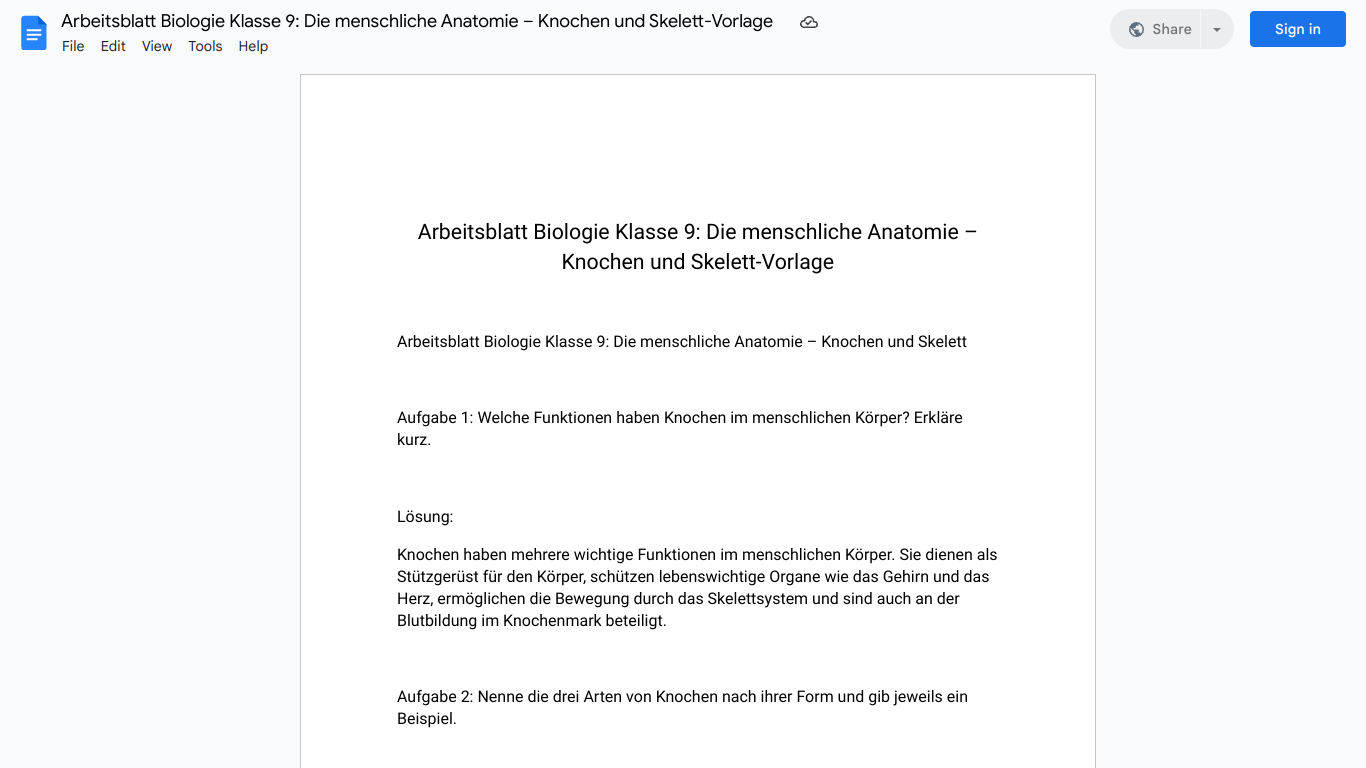 Arbeitsblatt Biologie Klasse 9: Die menschliche Anatomie – Knochen und Skelett-Vorlage