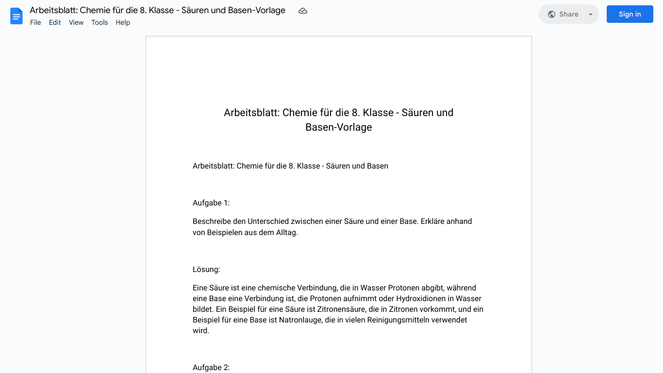 Arbeitsblatt: Chemie für die 8. Klasse - Säuren und Basen-Vorlage