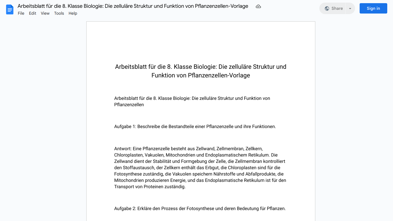 Arbeitsblatt für die 8. Klasse Biologie: Die zelluläre Struktur und Funktion von Pflanzenzellen-Vorlage