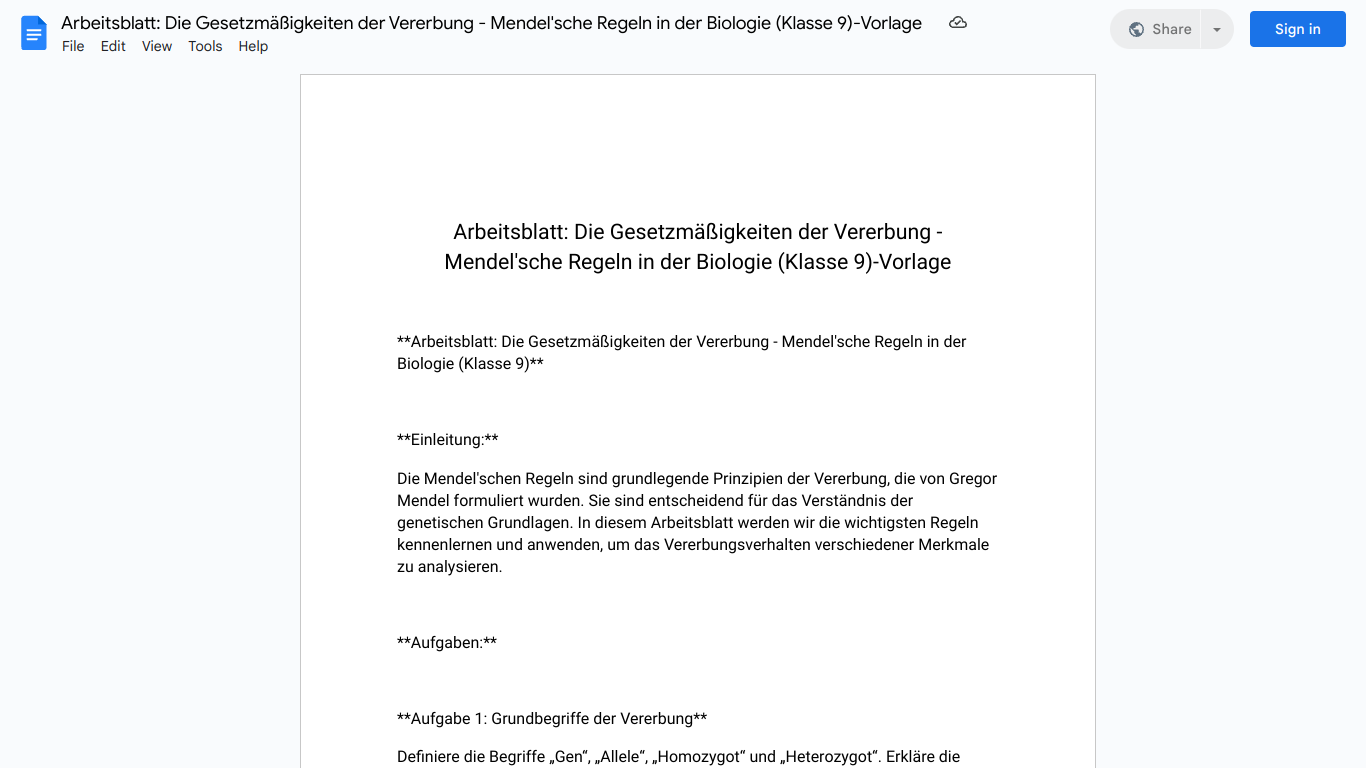 Arbeitsblatt: Die Gesetzmäßigkeiten der Vererbung - Mendel'sche Regeln in der Biologie (Klasse 9)-Vorlage