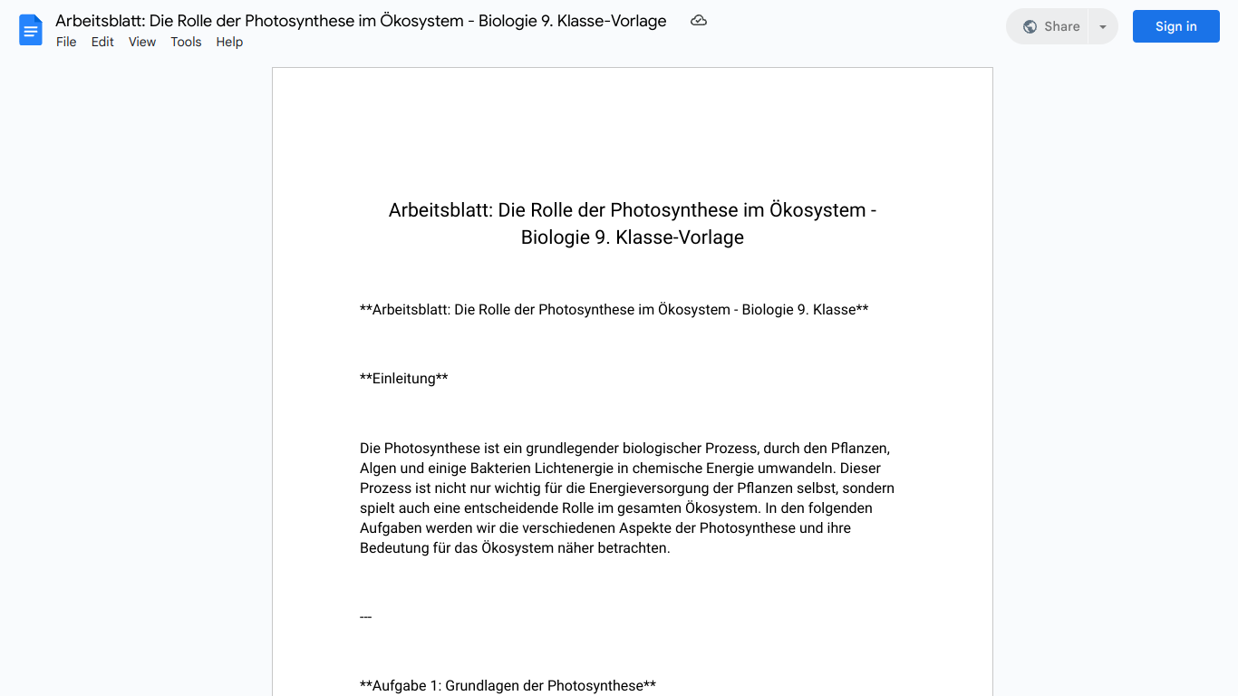 Arbeitsblatt: Die Rolle der Photosynthese im Ökosystem - Biologie 9. Klasse-Vorlage