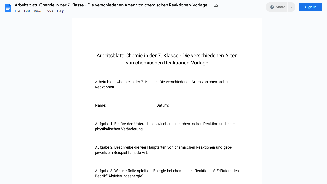 Arbeitsblatt: Chemie in der 7. Klasse - Die verschiedenen Arten von chemischen Reaktionen-Vorlage