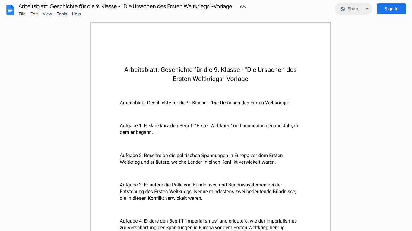 Arbeitsblatt: Geschichte für die 9. Klasse - "Die Ursachen des Ersten Weltkriegs"-Vorlage