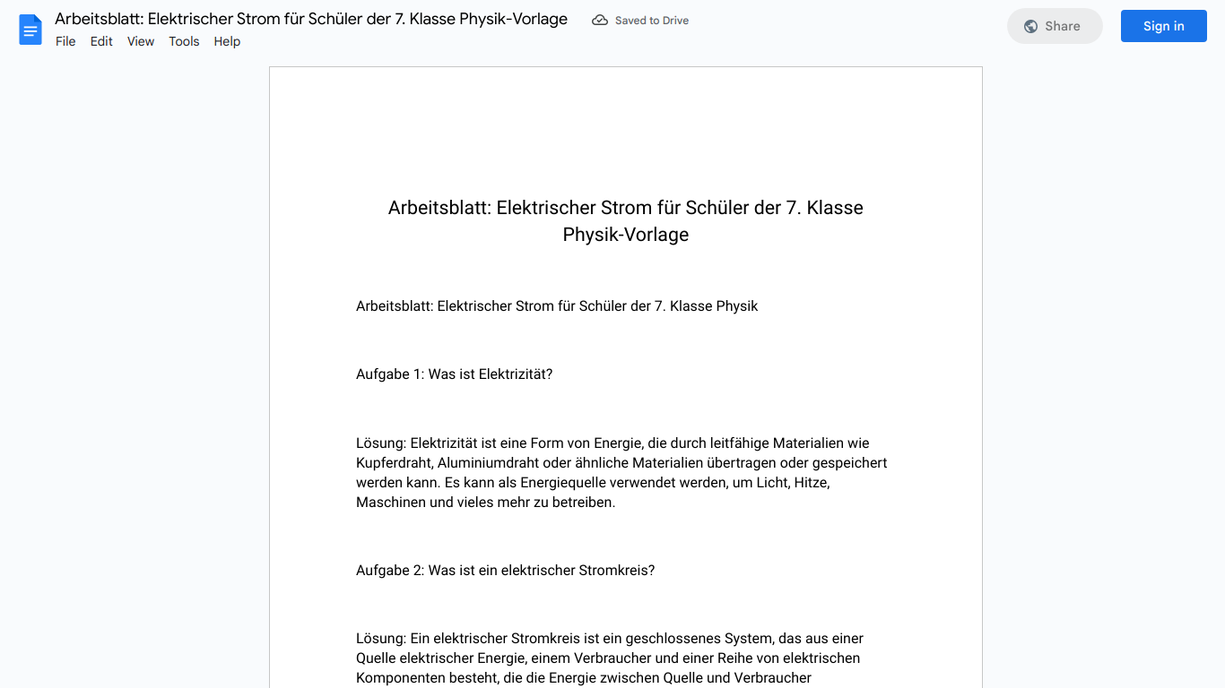 Arbeitsblatt: Elektrischer Strom für Schüler der 7. Klasse Physik-Vorlage