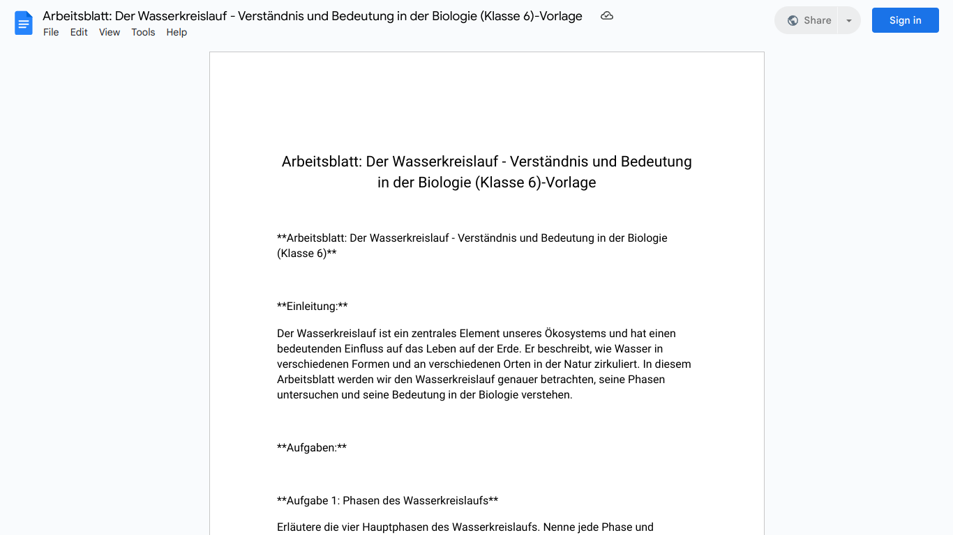 Arbeitsblatt: Der Wasserkreislauf - Verständnis und Bedeutung in der Biologie (Klasse 6)-Vorlage