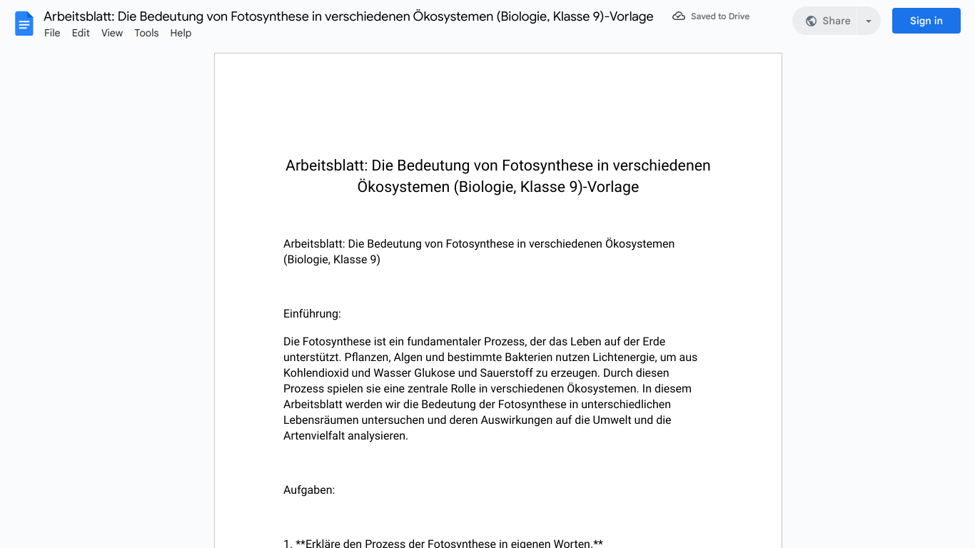 Arbeitsblatt: Die Bedeutung von Fotosynthese in verschiedenen Ökosystemen (Biologie, Klasse 9)-Vorlage