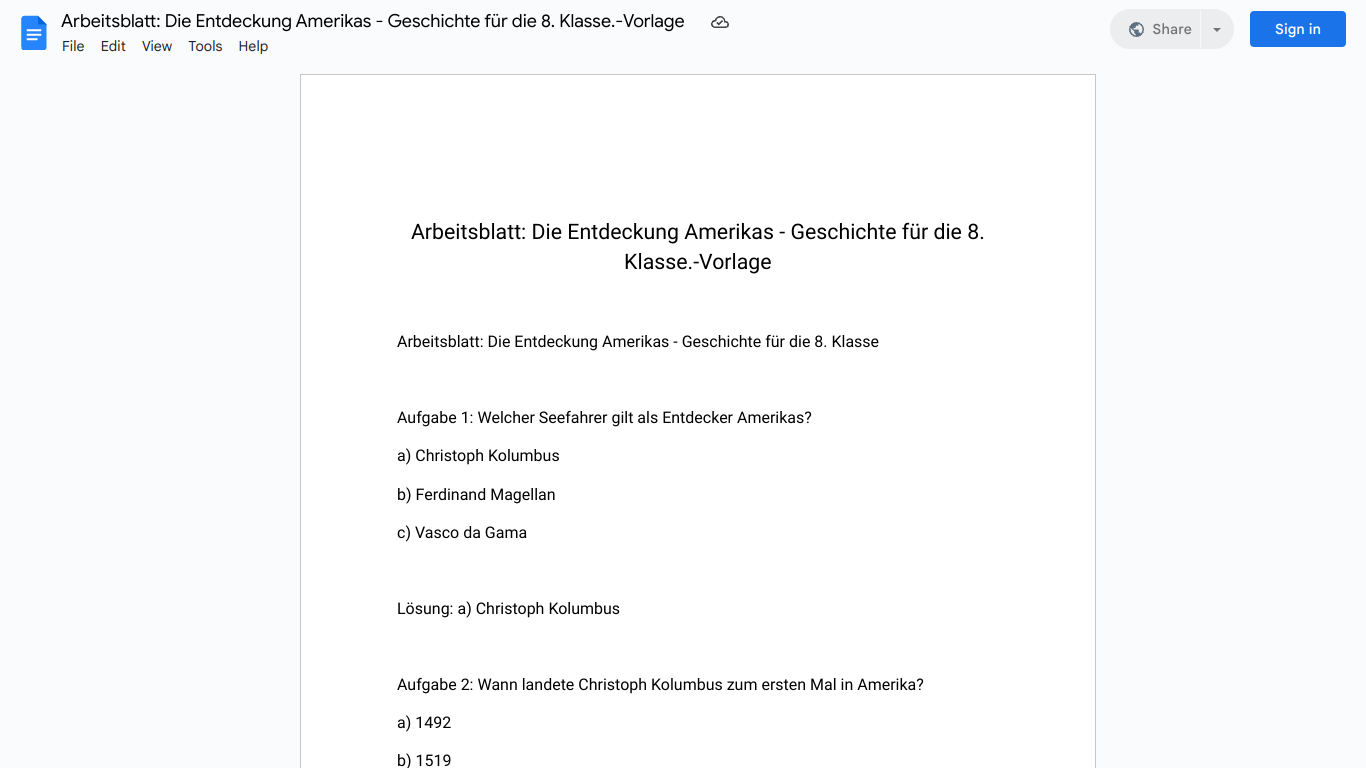 Arbeitsblatt: Die Entdeckung Amerikas - Geschichte für die 8. Klasse.-Vorlage