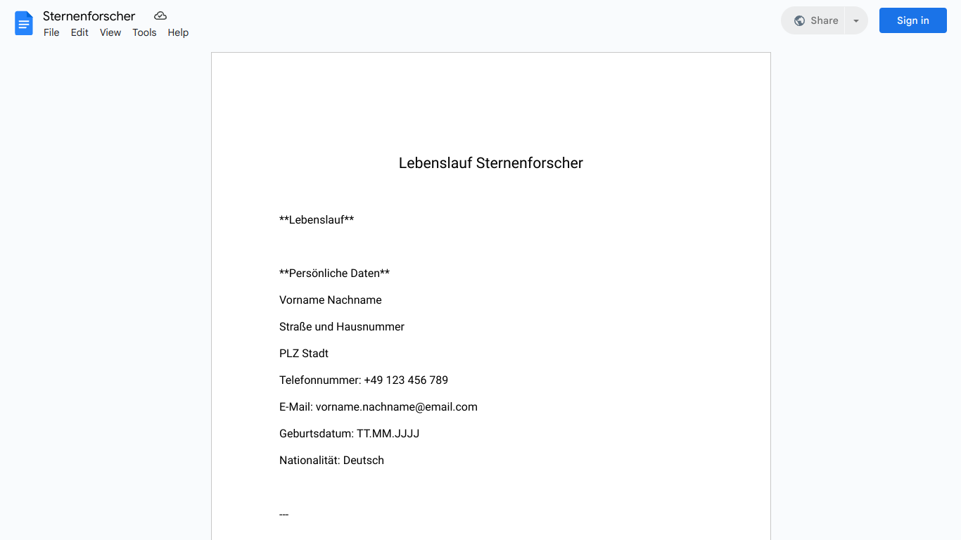 Lebenslauf-Sternenforscher